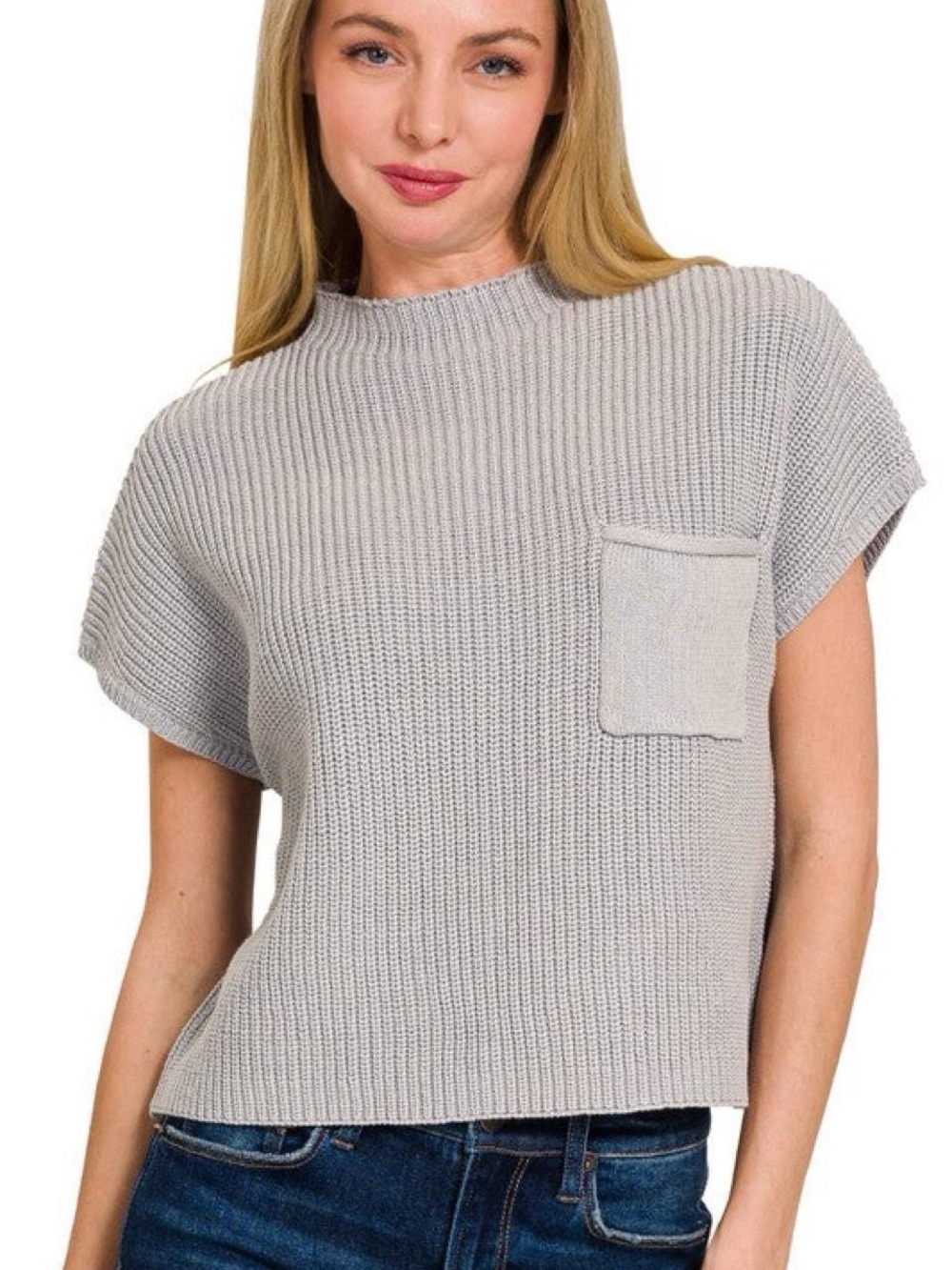 Zenana Light Gray Knit Pocket Sweater Top